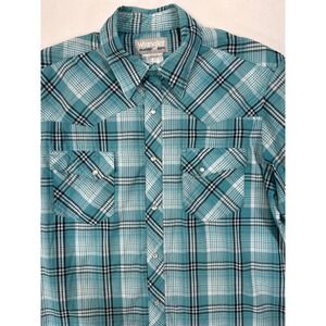 Wrangler Rancher Cowboy Mens M Turquoise Plaid Pearl Snap Short Sleeve Shirt